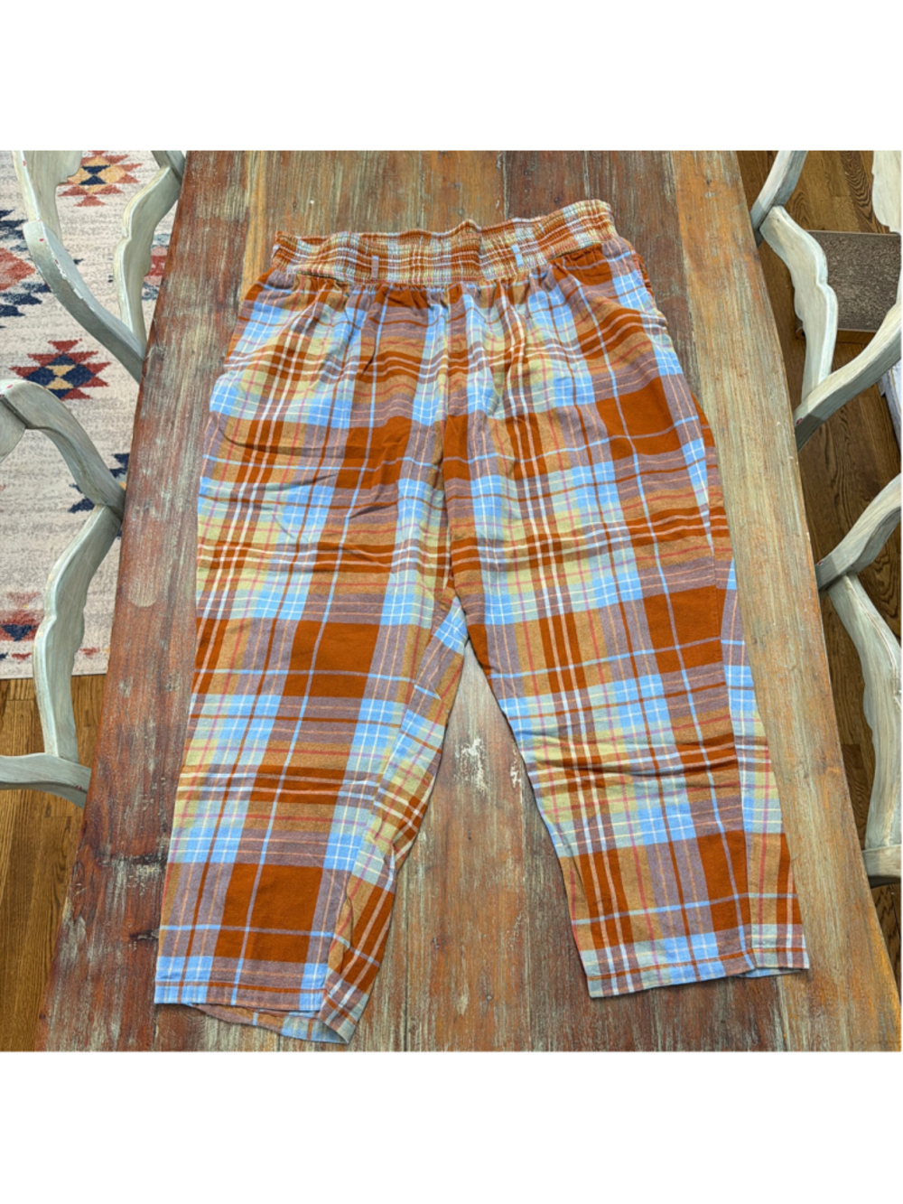 Lucy & Yak Alexa Trousers 2XL Rust Orange Blue Plaid Elastic Waist Pants